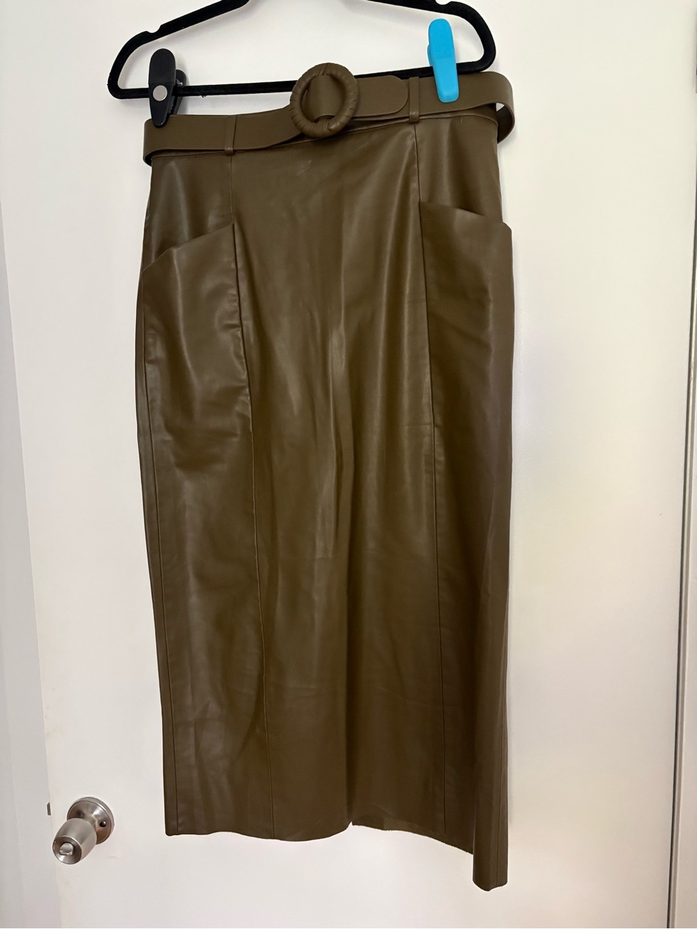 Zara Olive Faux Leather High-Waist Pencil Skirt with Belt